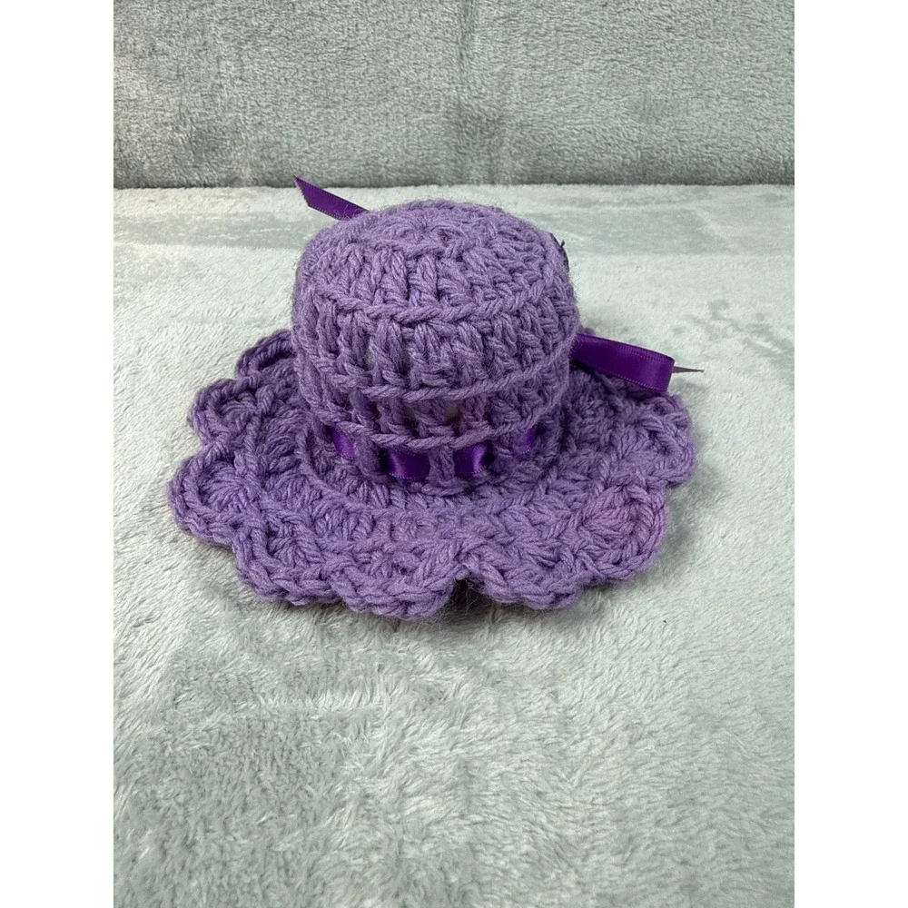 Handmade Purple Crochet Miniature Sun Hat Floral Ribbon Decoration Only 5.5 Inch
